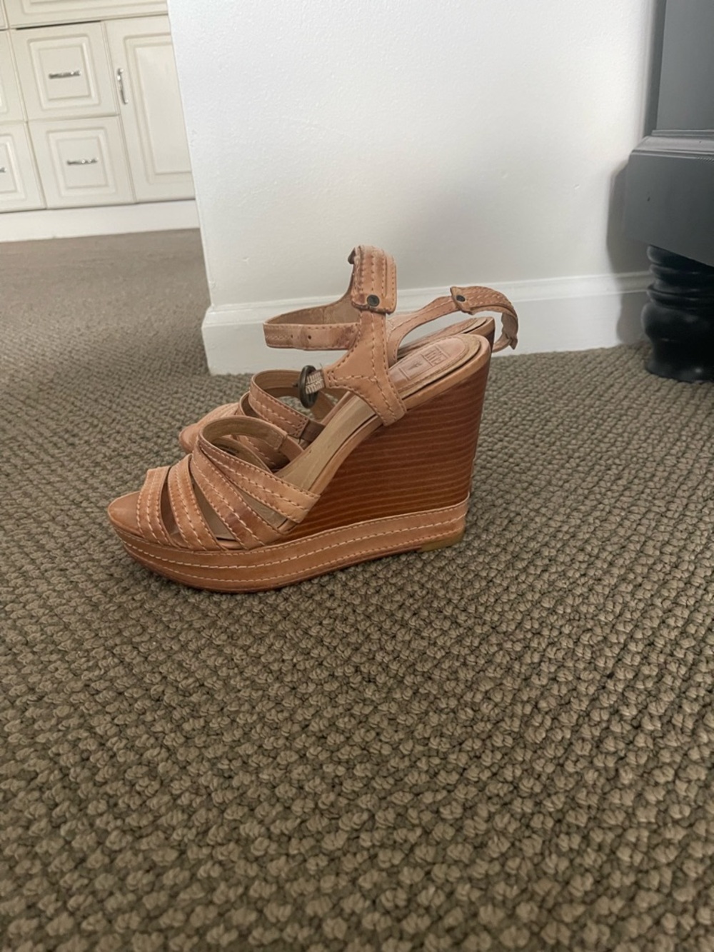 Frye Tan Leather Strappy Wedge Sandals
